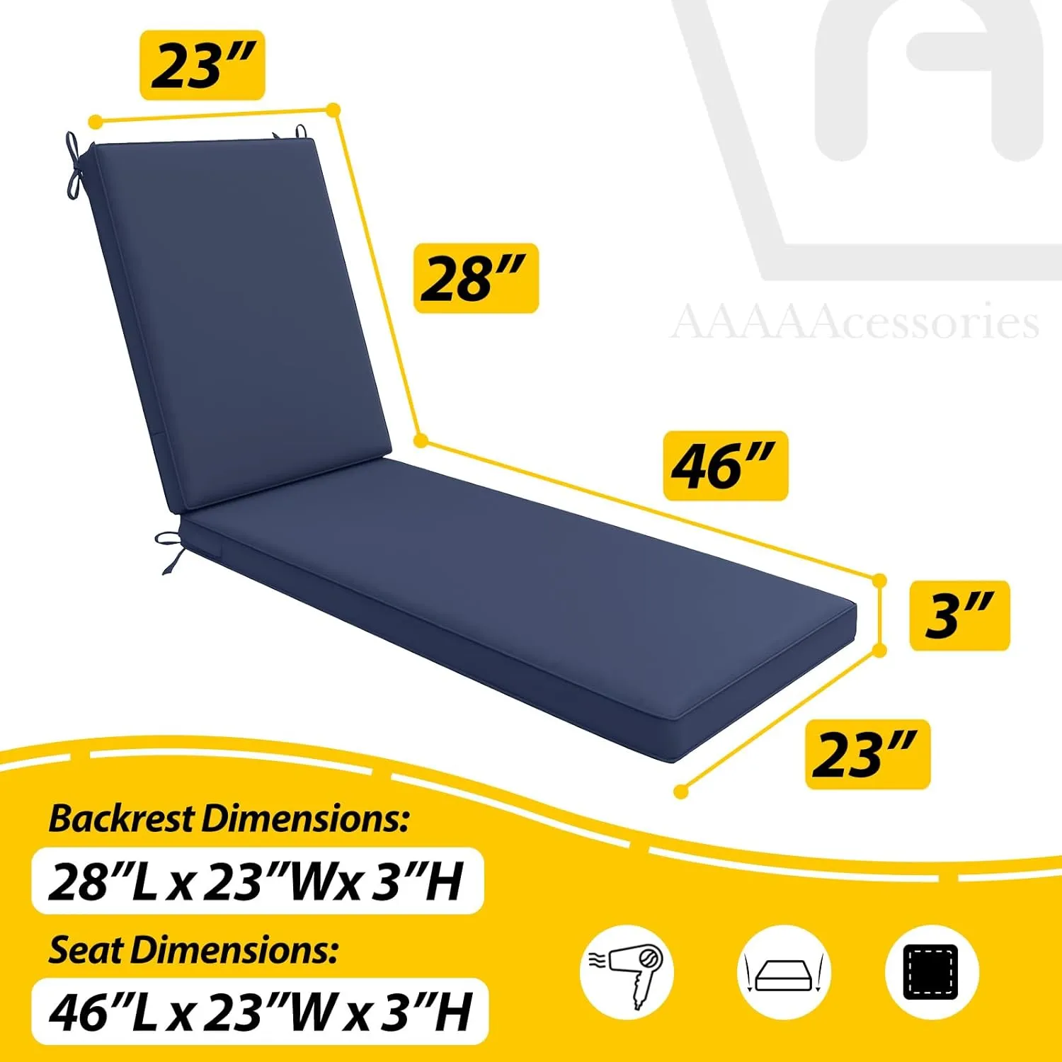 AAAAAcessories Outdoor Chaise Lounge Cushions, Waterproof, Fade-Resistant Patio Furniture Replacement Cushions, 74" x 23" x 3", Navy Blue