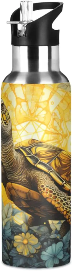 Abstract Sketch Art Turtles Sport Water Bottle Insulated Stainless Steel Large Vacuum Flask Leak Proof Thermos with Straw for Travel(600ml/1000ml)