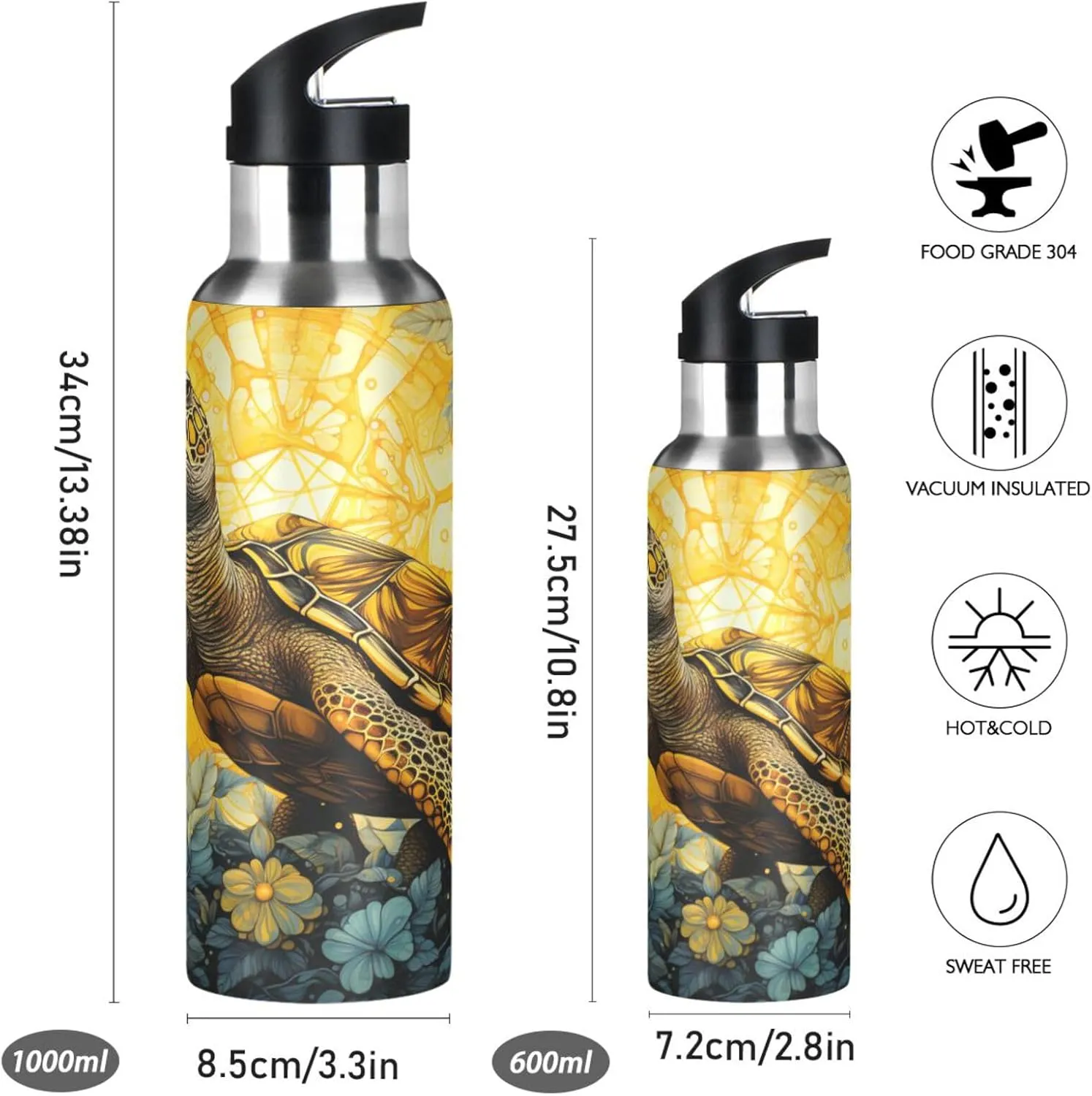 Abstract Sketch Art Turtles Sport Water Bottle Insulated Stainless Steel Large Vacuum Flask Leak Proof Thermos with Straw for Travel(600ml/1000ml)