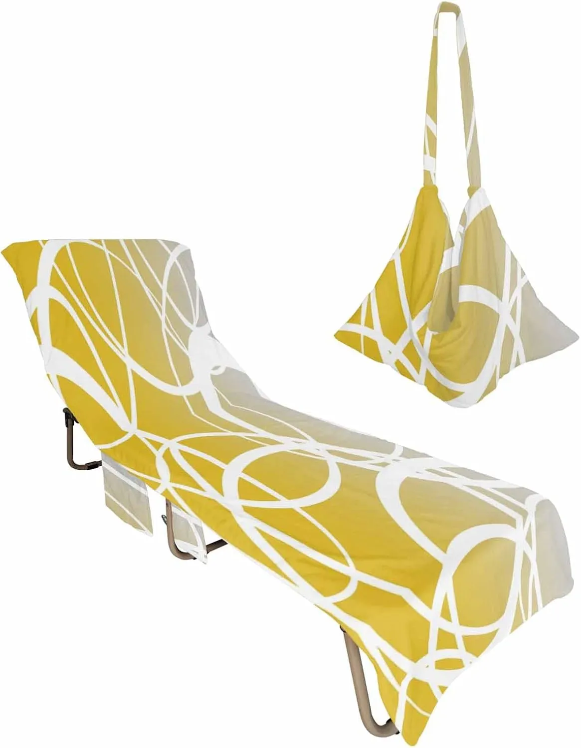 Abstract Yellow Beach Pool Patio Lounge Chaise Chair Cover Towel With Pockets, Absorbent & Quick Dry Microfiber Towel Cover Bag Summer Travel Accessories for Sunbathing Geometric Minimalist Modern Art