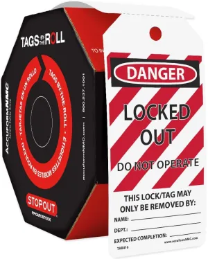 AccuformNMC 250 Lockout Tags by-The-Roll, Danger Locked Out Do Not Operate, US Made OSHA Compliant Tags, Waterproof PF-Cardstock, Resists Tears, 6.25"x3", TAR416
