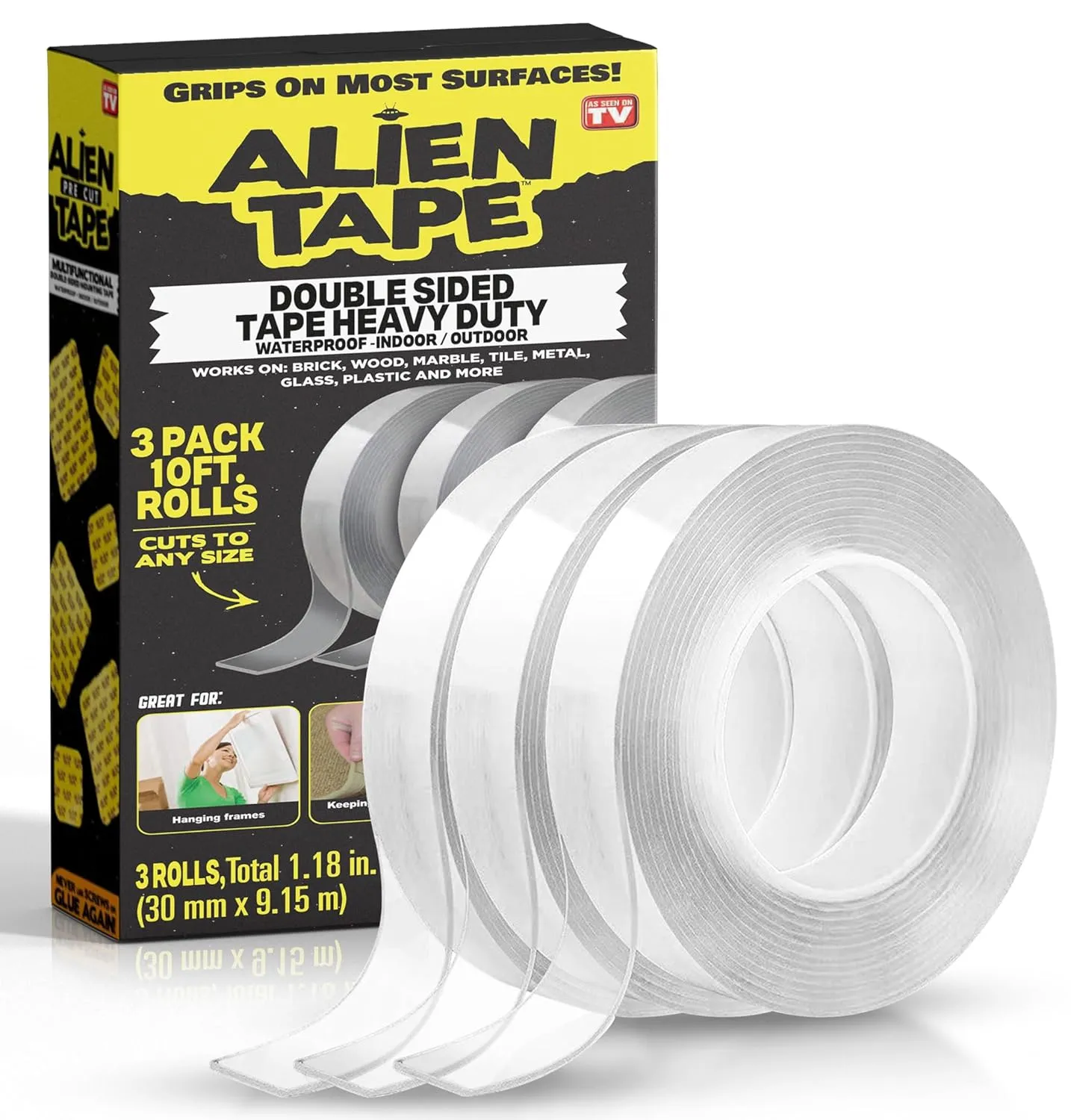 ALIEN TAPE Double Sided Tape Heavy Duty, Nano Tape, Double Sided Mounting Tape, Heavy Duty Double Sided Tape for Walls, Wall Tape, Clear Adhesive Tape for Poster Photo Wall Décor As Seen on TV 30 Feet
