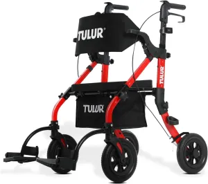 All Terrain Walker Wheelchair Combo,Rollator Walker with Seat for Seniors with Footrest,Transport-Wheelchair Combo,2 in 1 Rolling Walker Chair with Wide Backrest by Tulur (RED)