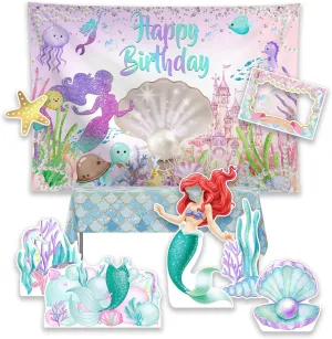 Allenjoy Under the Sea Mermaid Theme Birthday Party Supplies Decorations Backdrop for Girl Banner Photo Shoot Booth Props Photography Background,7pcs Foam Board Cutouts,1pc Tablecloth,1pc Backdrop