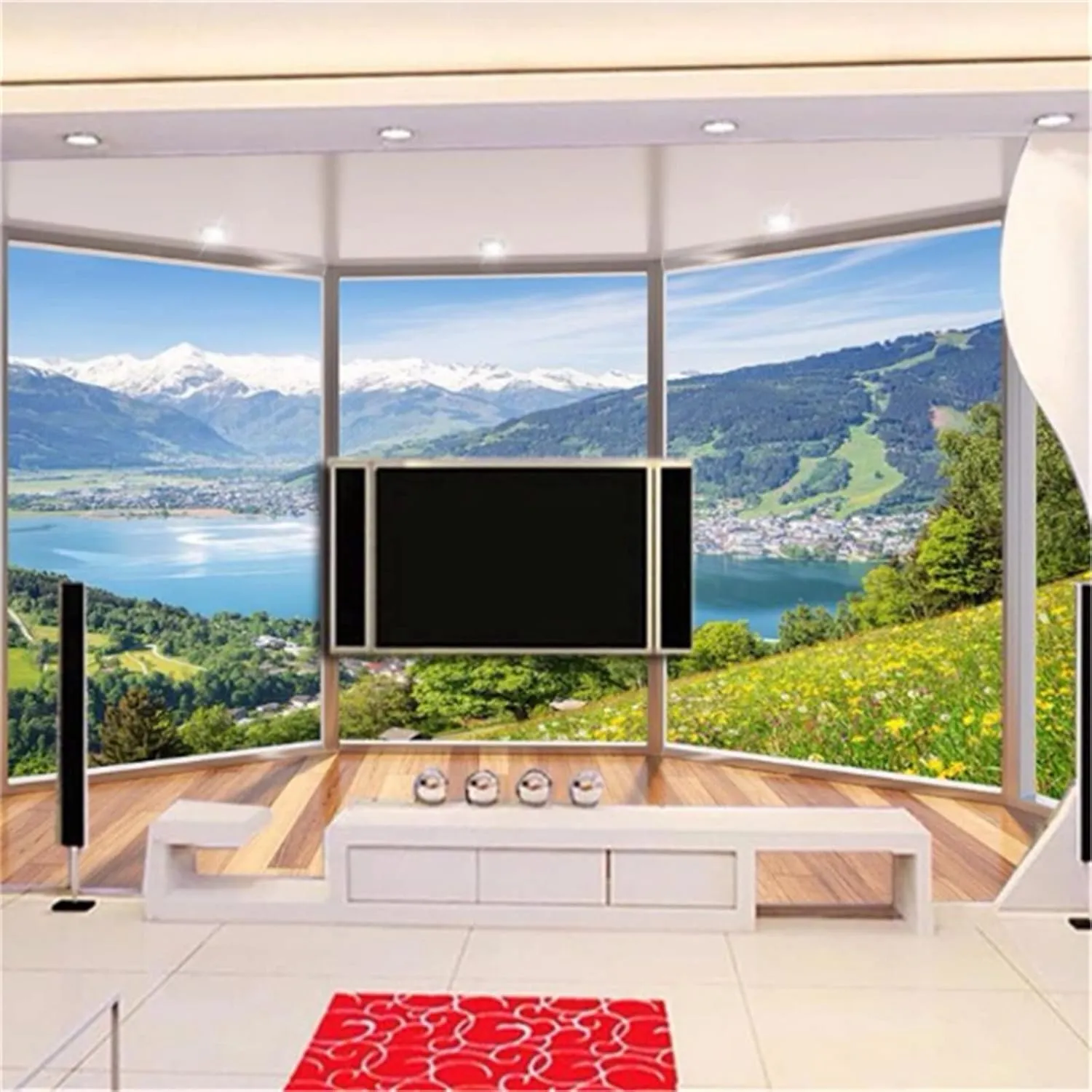 Alpine Lake 3D Wall Mural Wallpaper, Grassland Removable Self-Adhesive Large Wallpaper for Bedroom Living Room Kids Room Office Sofa Background Wall(106"Hx135"W)