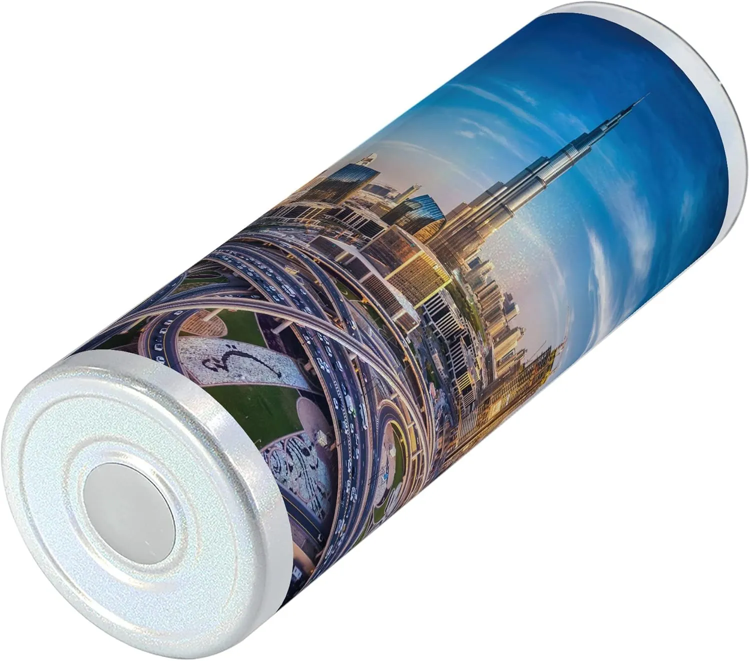 Ambesonne City 20 Oz Skinny Tumbler, Panoramic View of Dubai Cityscape High Rise Buildings Traffic Roads, Leak-Proof Straw Lid and Brush Vacuum Insulated for Outdoor Use, Blue Ivory Marigold