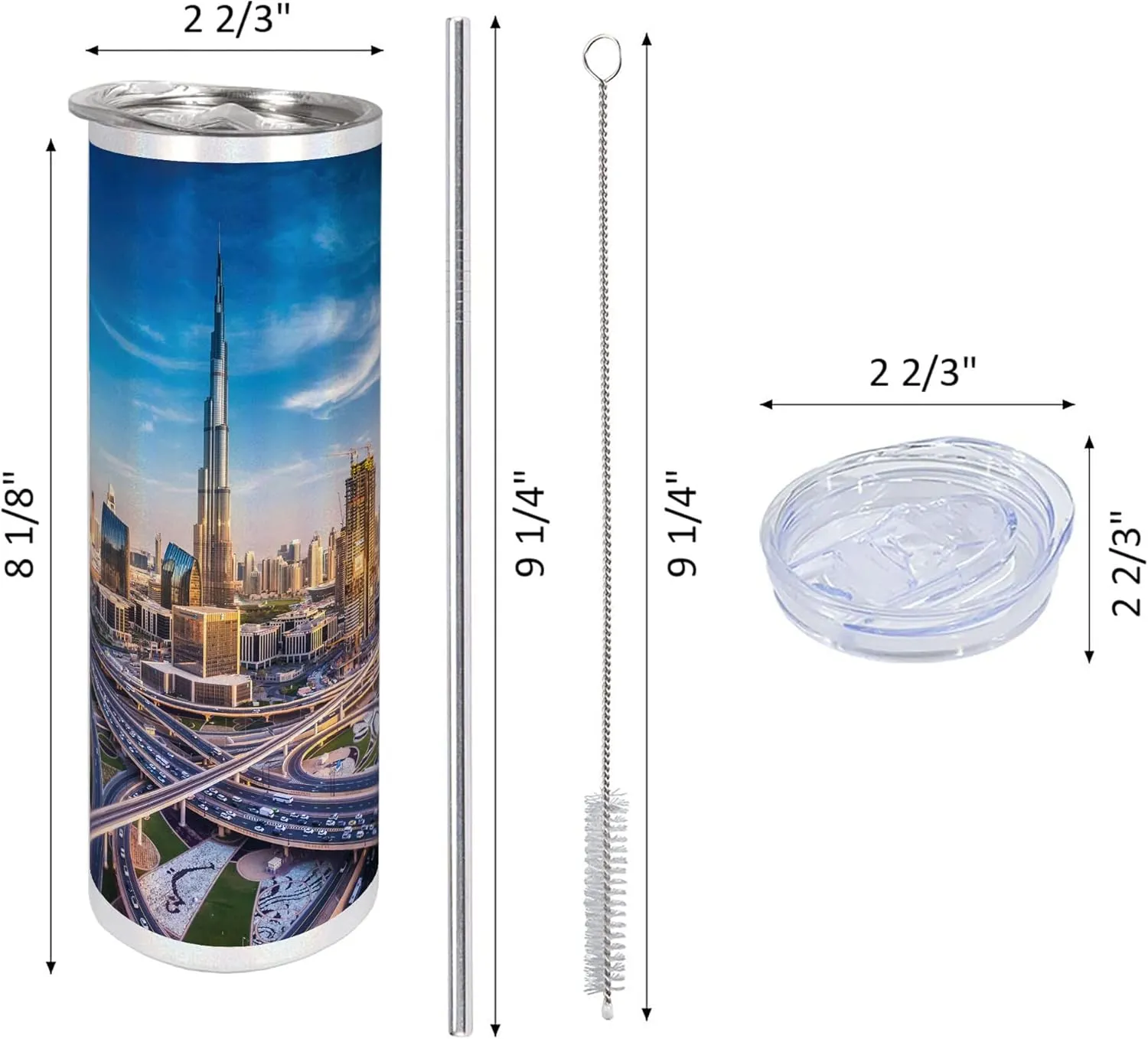 Ambesonne City 20 Oz Skinny Tumbler, Panoramic View of Dubai Cityscape High Rise Buildings Traffic Roads, Leak-Proof Straw Lid and Brush Vacuum Insulated for Outdoor Use, Blue Ivory Marigold
