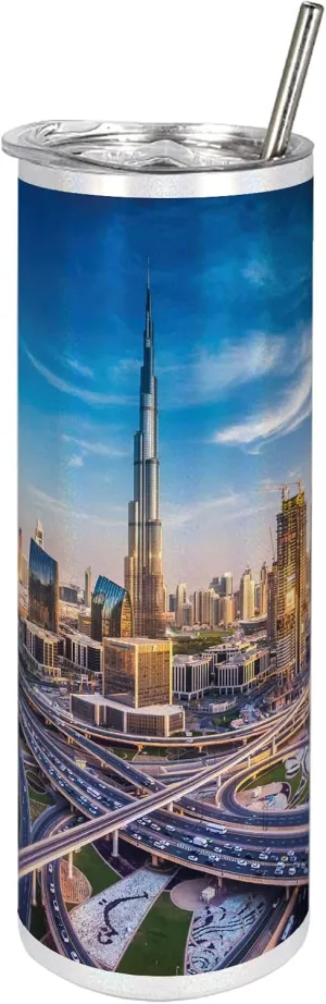 Ambesonne City 20 Oz Skinny Tumbler, Panoramic View of Dubai Cityscape High Rise Buildings Traffic Roads, Leak-Proof Straw Lid and Brush Vacuum Insulated for Outdoor Use, Blue Ivory Marigold