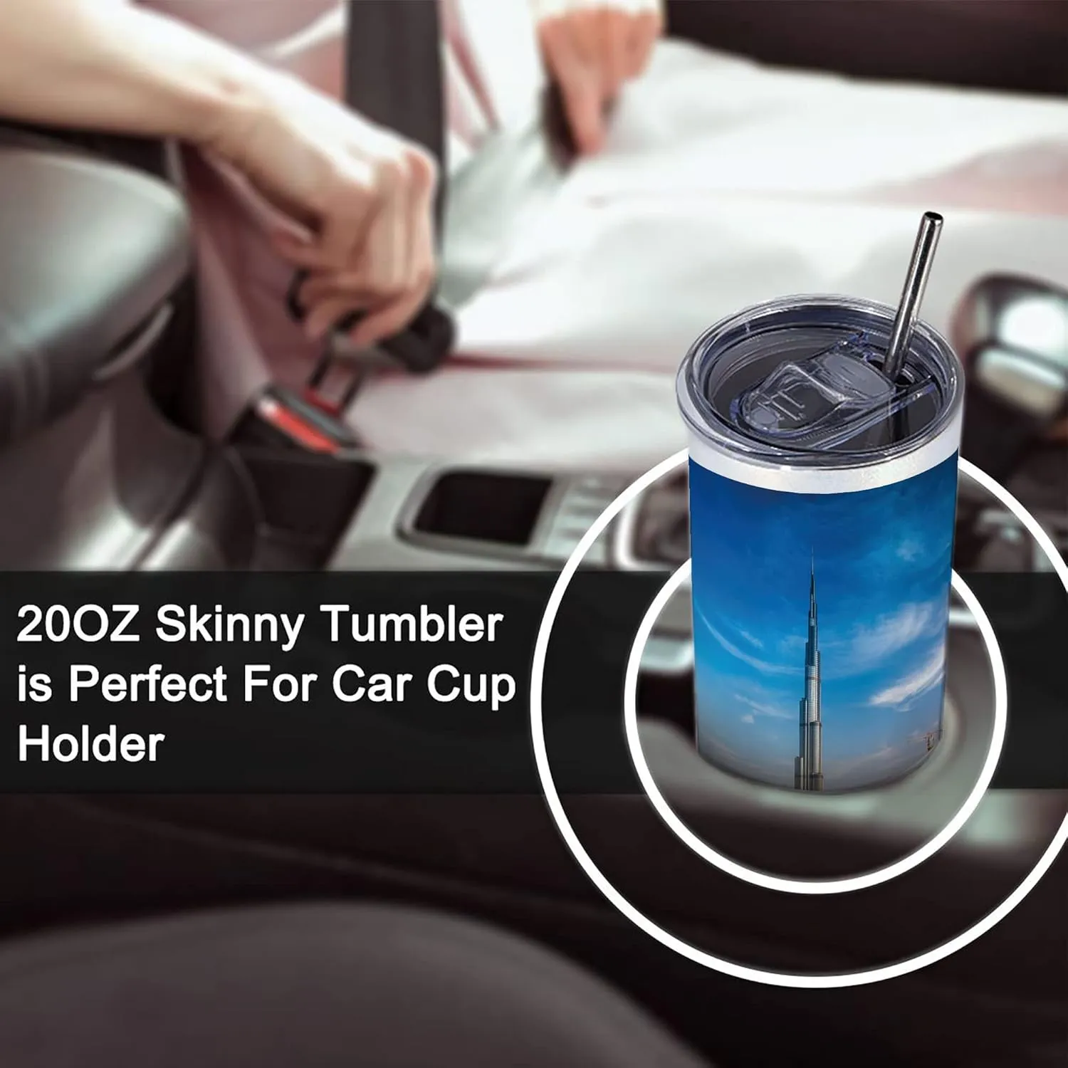 Ambesonne City 20 Oz Skinny Tumbler, Panoramic View of Dubai Cityscape High Rise Buildings Traffic Roads, Leak-Proof Straw Lid and Brush Vacuum Insulated for Outdoor Use, Blue Ivory Marigold