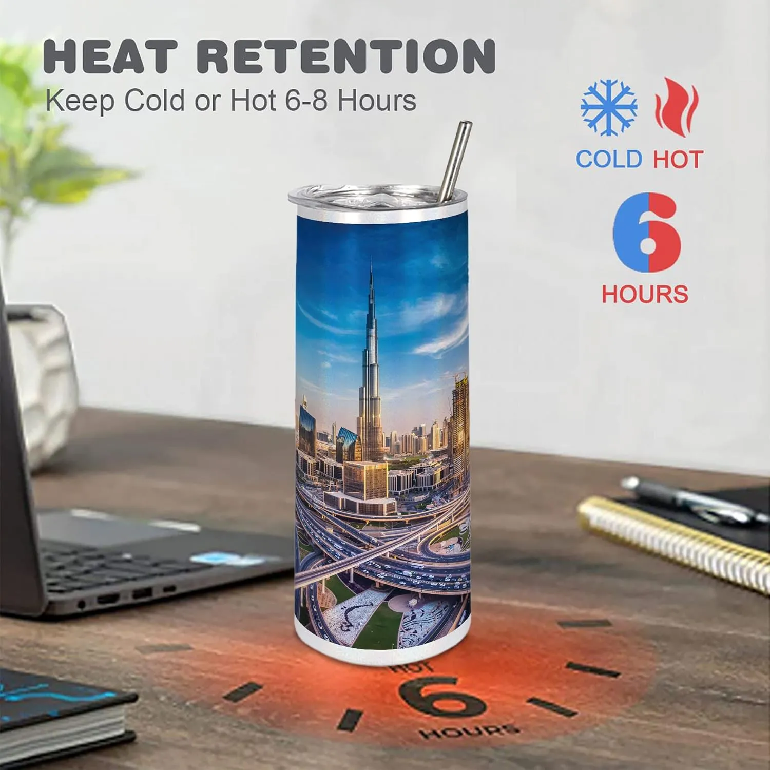 Ambesonne City 20 Oz Skinny Tumbler, Panoramic View of Dubai Cityscape High Rise Buildings Traffic Roads, Leak-Proof Straw Lid and Brush Vacuum Insulated for Outdoor Use, Blue Ivory Marigold