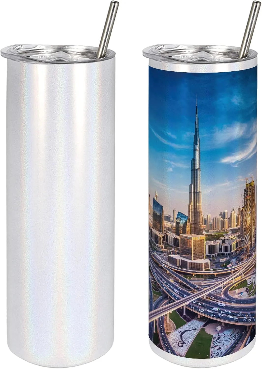Ambesonne City 20 Oz Skinny Tumbler, Panoramic View of Dubai Cityscape High Rise Buildings Traffic Roads, Leak-Proof Straw Lid and Brush Vacuum Insulated for Outdoor Use, Blue Ivory Marigold