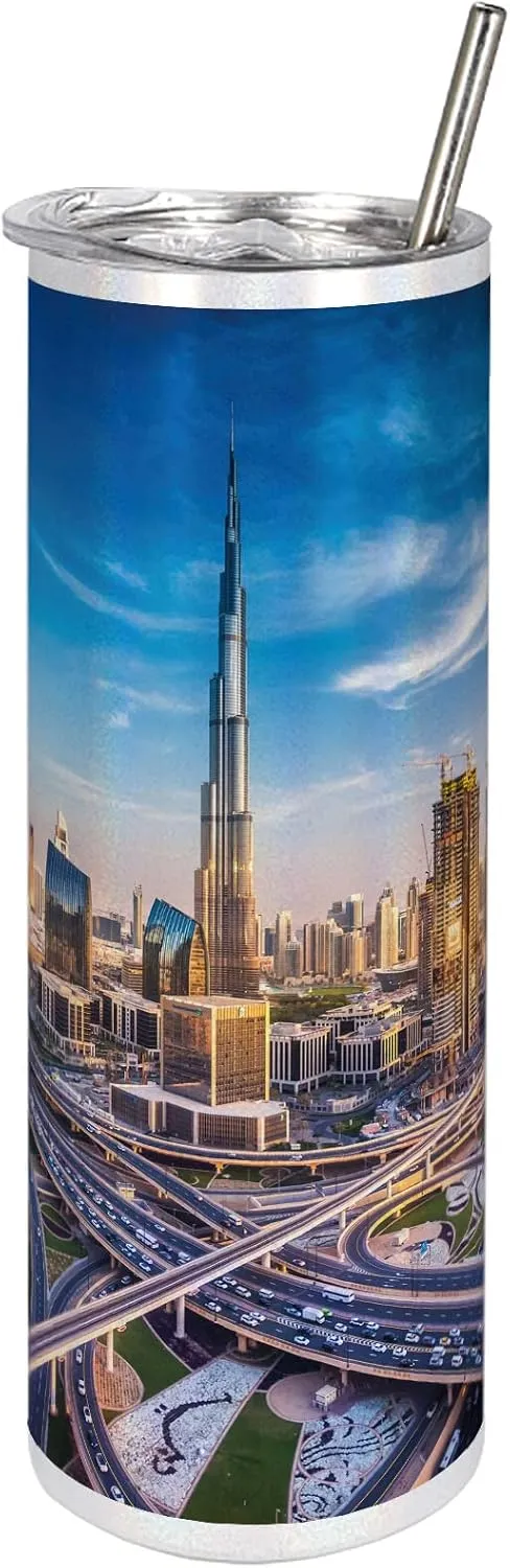 Ambesonne City 20 Oz Skinny Tumbler, Panoramic View of Dubai Cityscape High Rise Buildings Traffic Roads, Leak-Proof Straw Lid and Brush Vacuum Insulated for Outdoor Use, Blue Ivory Marigold