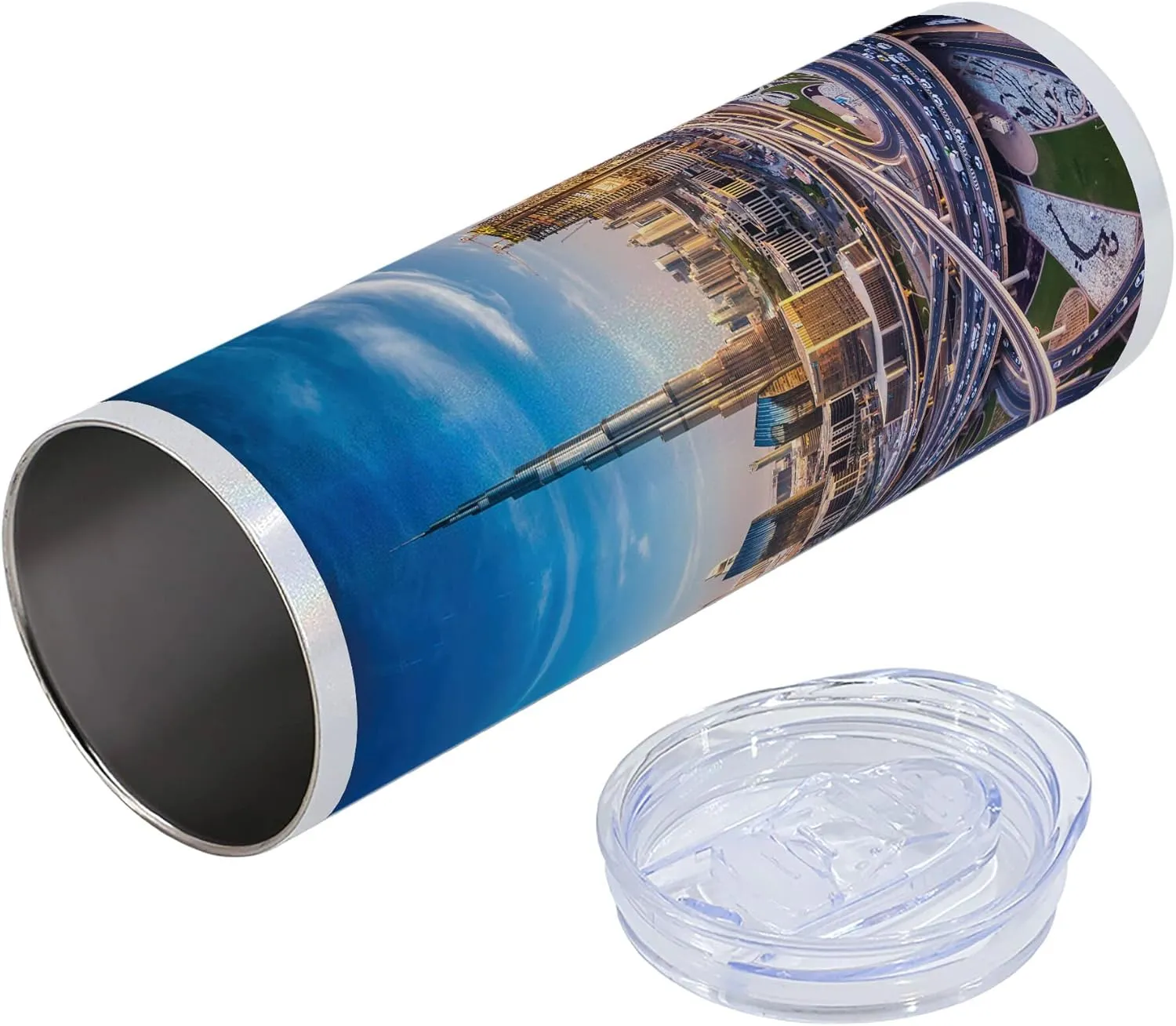 Ambesonne City 20 Oz Skinny Tumbler, Panoramic View of Dubai Cityscape High Rise Buildings Traffic Roads, Leak-Proof Straw Lid and Brush Vacuum Insulated for Outdoor Use, Blue Ivory Marigold