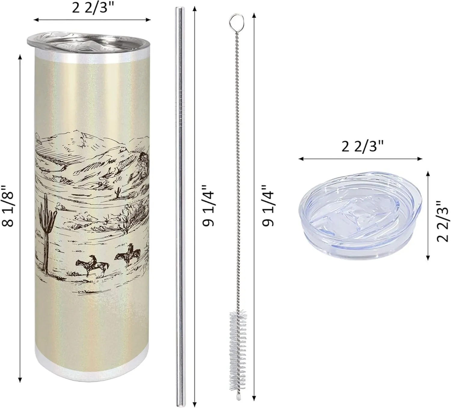 Ambesonne Western 20 Oz Skinny Tumbler, Wild West Landscape Illustration Mountains Desert Plants Cowboys on Horses, Leak-Proof Straw Lid and Brush Vacuum Insulated for Outdoor Use, Beige Black
