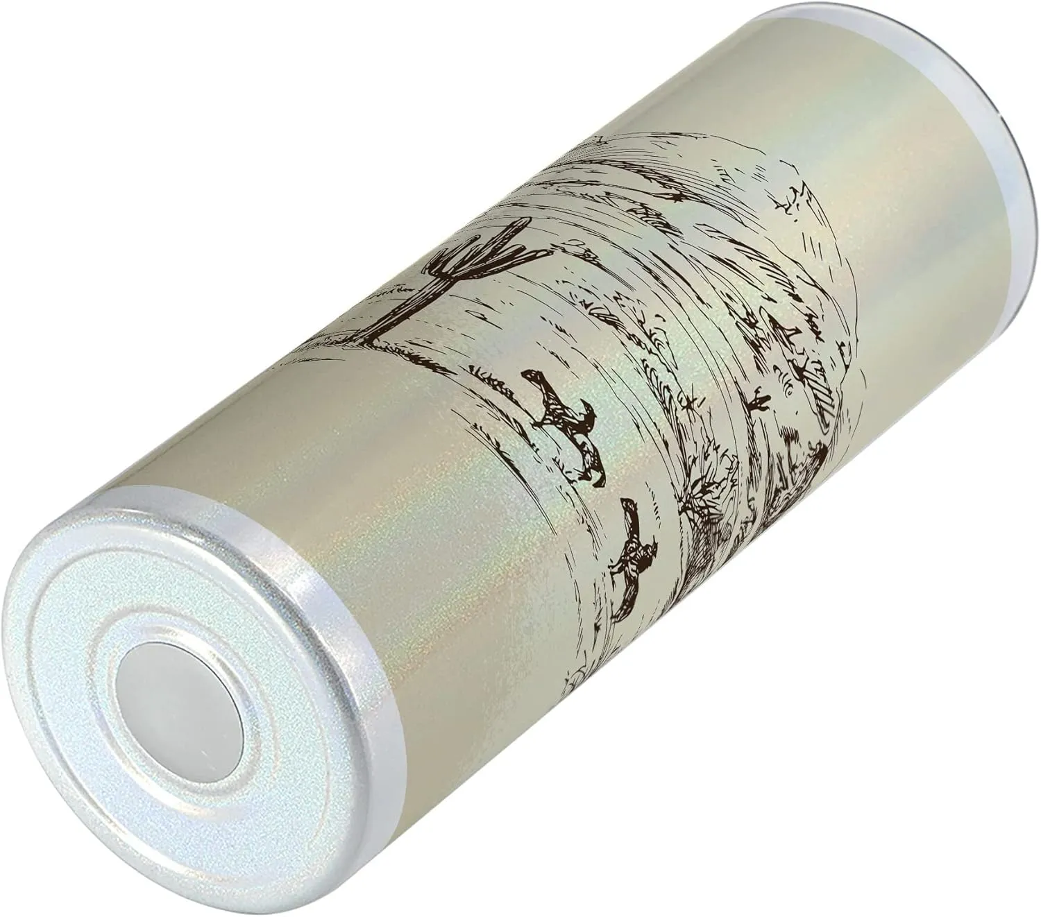 Ambesonne Western 20 Oz Skinny Tumbler, Wild West Landscape Illustration Mountains Desert Plants Cowboys on Horses, Leak-Proof Straw Lid and Brush Vacuum Insulated for Outdoor Use, Beige Black