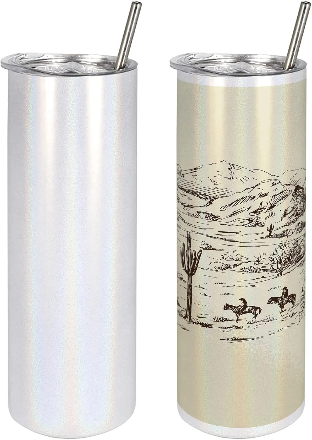 Ambesonne Western 20 Oz Skinny Tumbler, Wild West Landscape Illustration Mountains Desert Plants Cowboys on Horses, Leak-Proof Straw Lid and Brush Vacuum Insulated for Outdoor Use, Beige Black