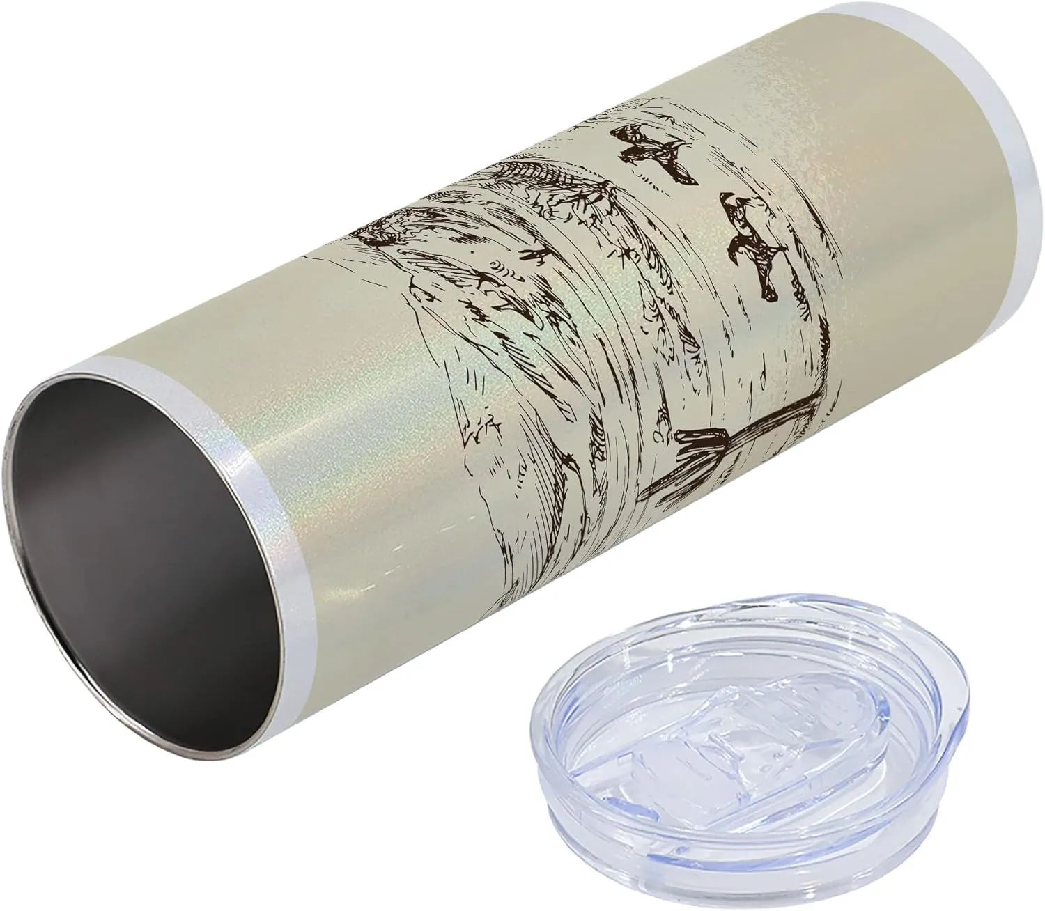 Ambesonne Western 20 Oz Skinny Tumbler, Wild West Landscape Illustration Mountains Desert Plants Cowboys on Horses, Leak-Proof Straw Lid and Brush Vacuum Insulated for Outdoor Use, Beige Black