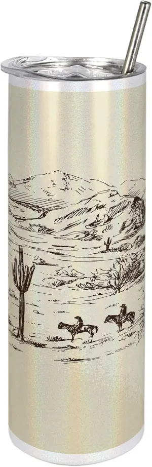 Ambesonne Western 20 Oz Skinny Tumbler, Wild West Landscape Illustration Mountains Desert Plants Cowboys on Horses, Leak-Proof Straw Lid and Brush Vacuum Insulated for Outdoor Use, Beige Black