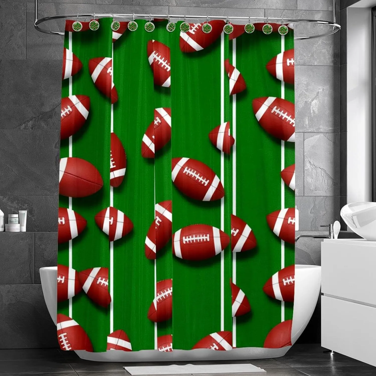 American Footballs on Line Field Prints Shower Curtain, Polyester Shower Curtain Set with 10 Stainless Steel Hooks, Rustic Farmhouse Bathroom Shower Curtain 60x72 in