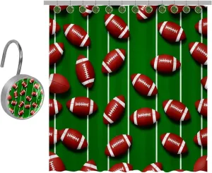 American Footballs on Line Field Prints Shower Curtain, Polyester Shower Curtain Set with 10 Stainless Steel Hooks, Rustic Farmhouse Bathroom Shower Curtain 60x72 in
