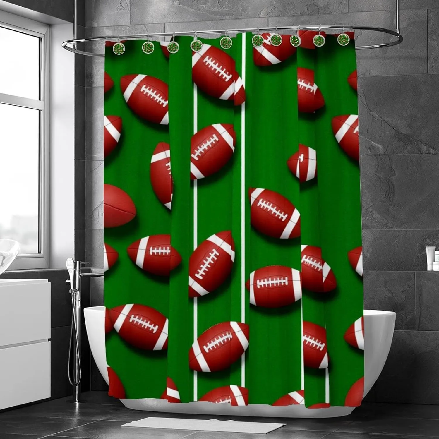 American Footballs on Line Field Prints Shower Curtain, Polyester Shower Curtain Set with 10 Stainless Steel Hooks, Rustic Farmhouse Bathroom Shower Curtain 60x72 in