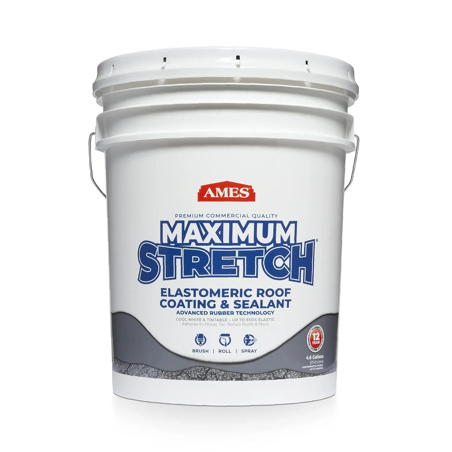 Ames Maximum Stretch - Waterproof Sealant Membrane - Perfect For Roofing, Repairs, Concrete, EPDM & Wood - Liquid Rubber Sealer - Up To 650% Elastic - Made in USA, White, 4.6 Gallon (Pack of 1)
