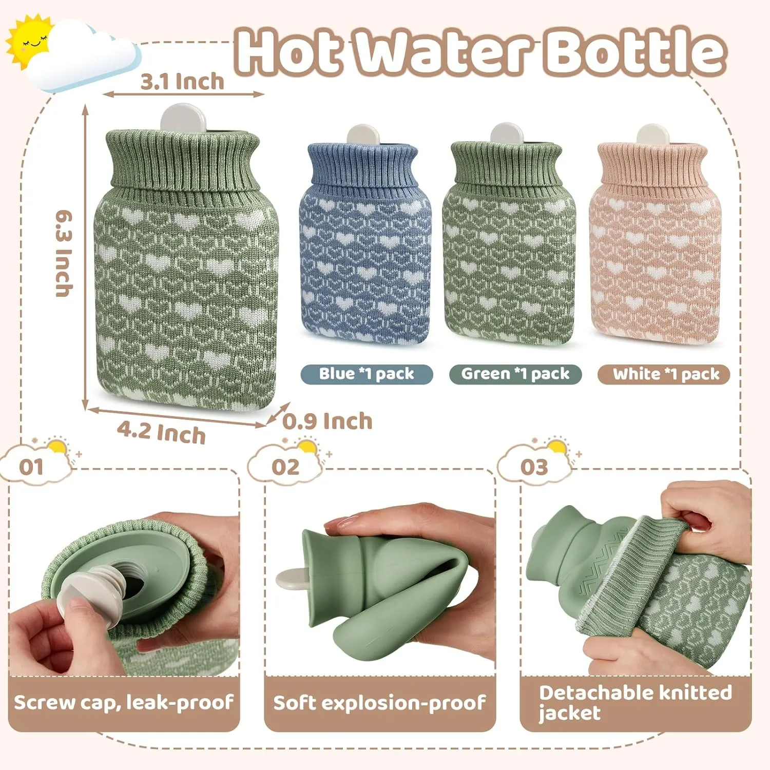 Amylove 3 Pcs Mini Hot Water Bottle for Hot & Cold Compress with Cover 320ml Silicone Microwave Heating Bottles Small Water Bag for Travel Holiday Gift(Beige, Green, Blue)