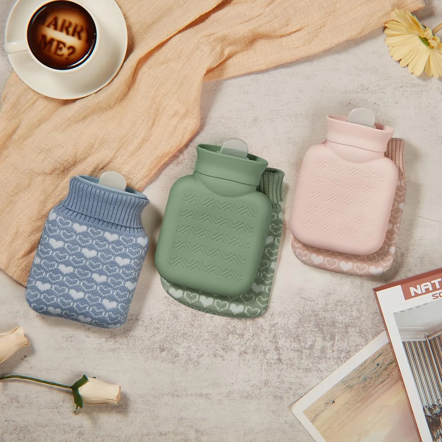 Amylove 3 Pcs Mini Hot Water Bottle for Hot & Cold Compress with Cover 320ml Silicone Microwave Heating Bottles Small Water Bag for Travel Holiday Gift(Beige, Green, Blue)
