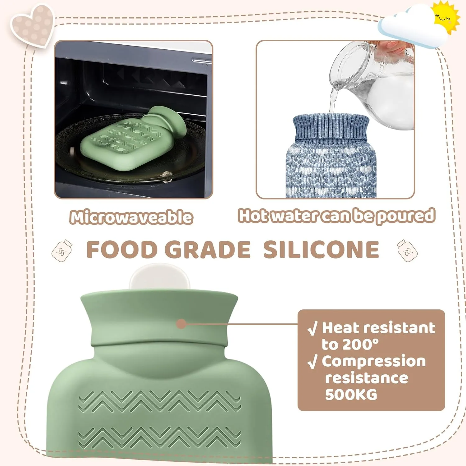 Amylove 3 Pcs Mini Hot Water Bottle for Hot & Cold Compress with Cover 320ml Silicone Microwave Heating Bottles Small Water Bag for Travel Holiday Gift(Beige, Green, Blue)