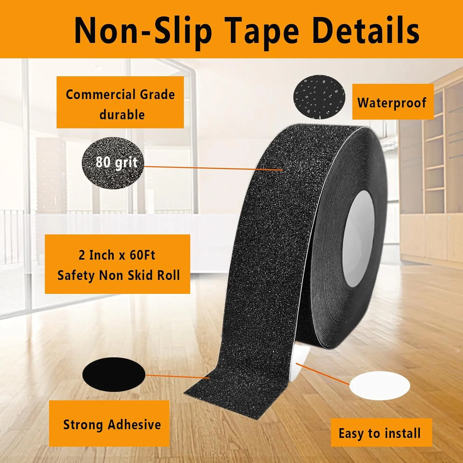 Anti Slip Tape Black 2 inch x 66 ft, Non-Slip Strips Non Skid Safety Tape for Outdoor/Indoor Steps, Stairs, Traction Tread Staircases, Boats