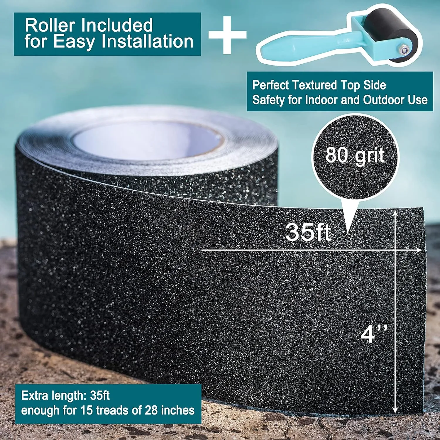 Anti Slip Tape with Roller, 4 Inch x 35 Ft Grip Tape for Stairs Outdoor/Indoor, Waterproof Non Skid Roll for Stair Treads Non Slip, High Traction Friction Abrasive Adhesive Stair Steps - Black