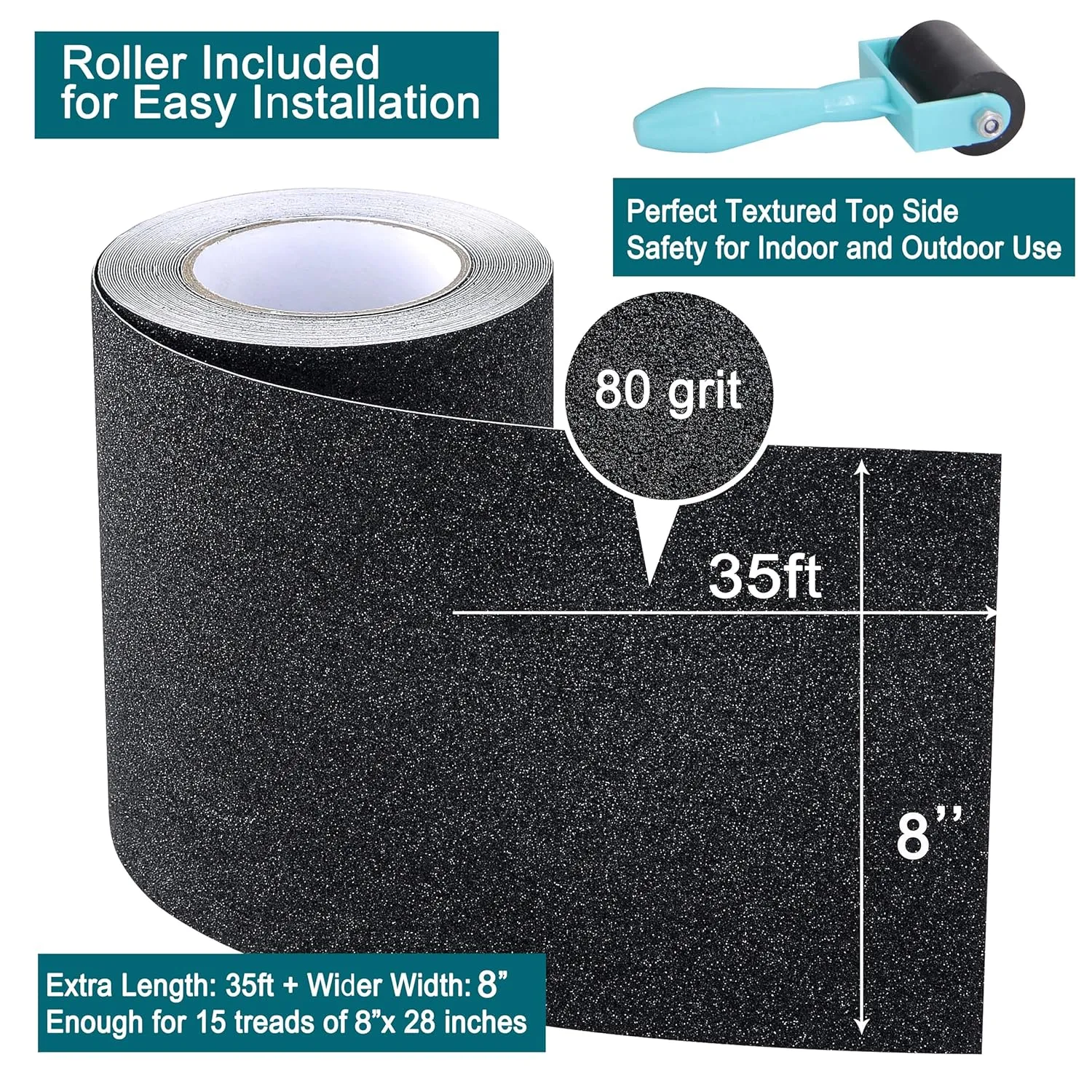 Anti Slip Traction Tape with Roller, 8 Inch x 35 Ft Non Slip Grip Tape for Skateboard, Waterproof Anti Skid Grit Roll for Stair Step Outdoor/Indoor, High Traction Non Skid Abrasive Stair Tread