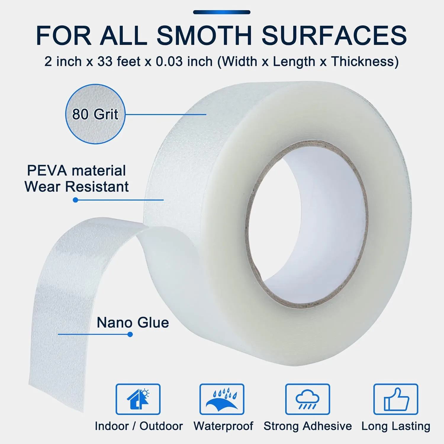 Anti Slip Transparent Anti Slip Tape, 2 inch by 33 feet, Non-Slip Traction Grip Tape to Tubs, Boats, Stairs, Clear, Soft, Comfortable for Bare feet