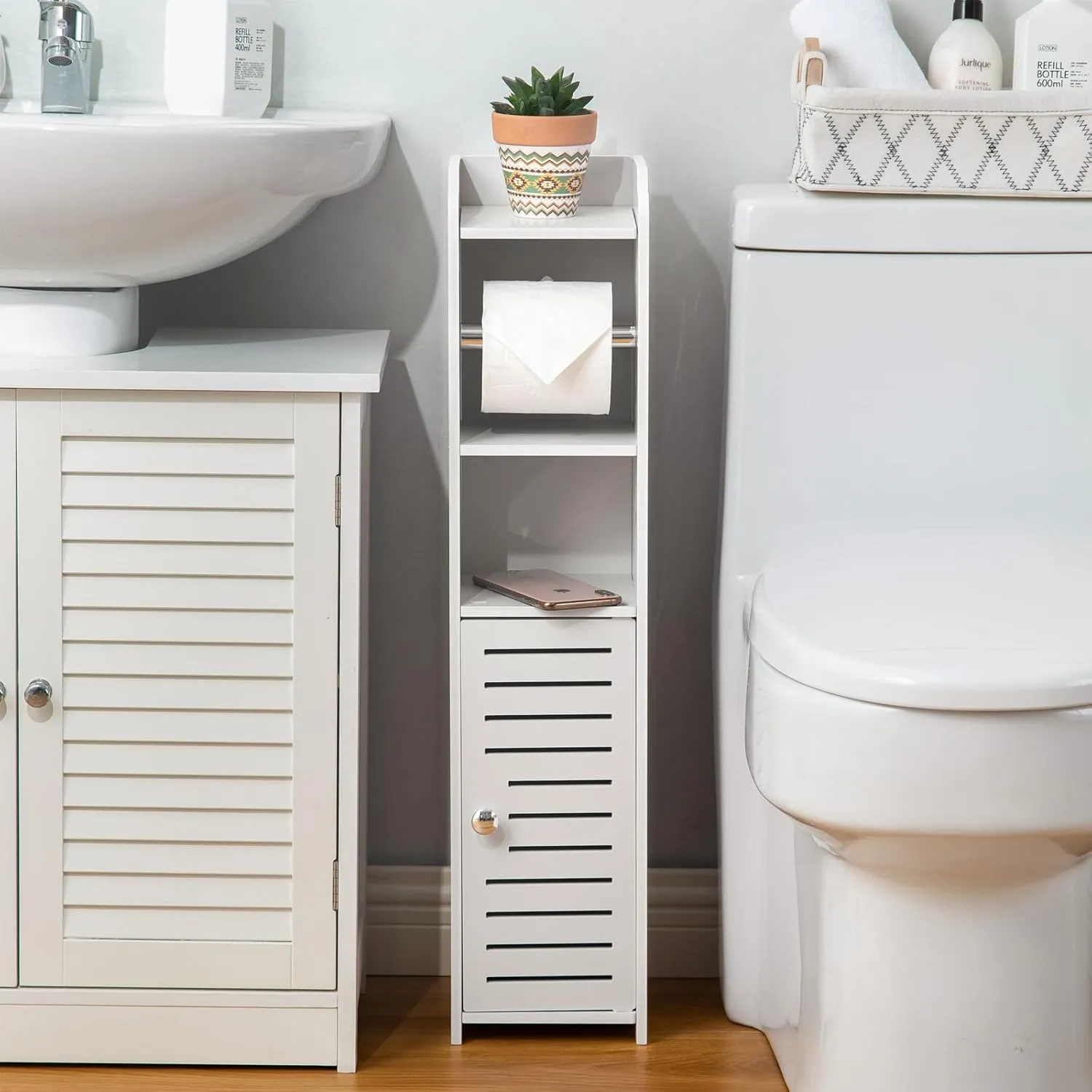 AOJEZOR Toilet Paper Holder Stand: Bathroom Storage Cabinet Beside Toilet for Small Space Bathroom with Toilet Roll Holder - White