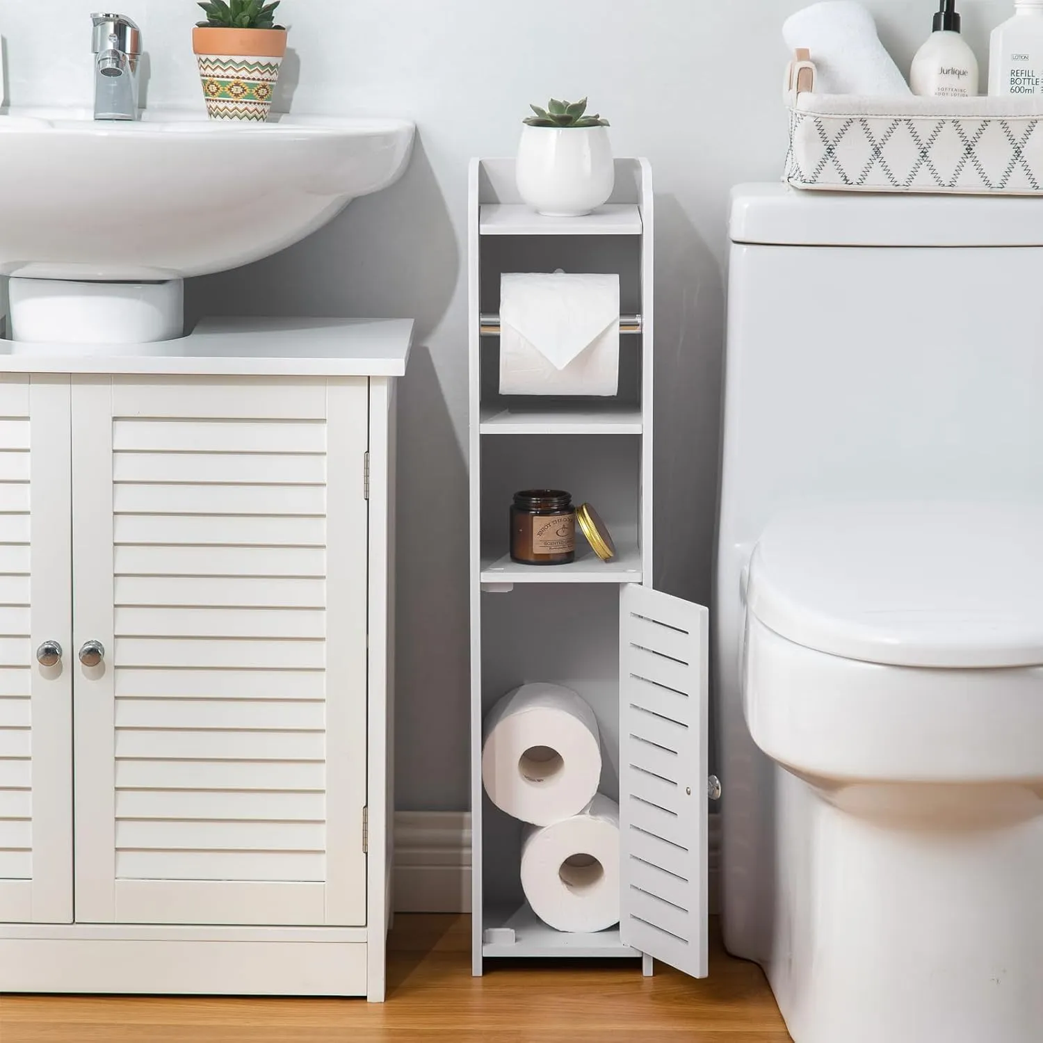 AOJEZOR Toilet Paper Holder Stand: Bathroom Storage Cabinet Beside Toilet for Small Space Bathroom with Toilet Roll Holder - White