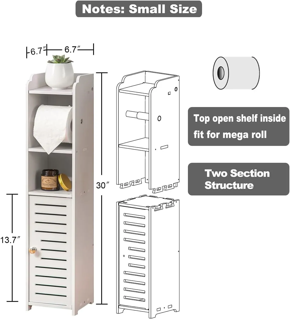 AOJEZOR Toilet Paper Holder Stand: Bathroom Storage Cabinet Beside Toilet for Small Space Bathroom with Toilet Roll Holder - White