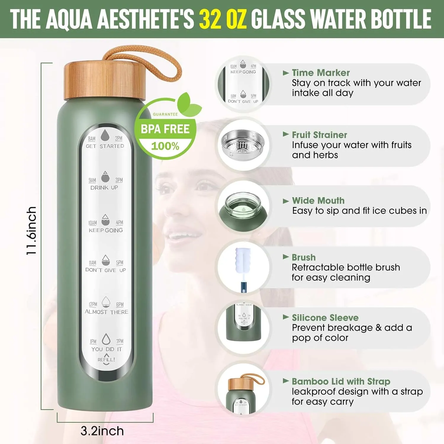 Aqulea Glass Water Bottles 32 Oz with Silicone Sleeve - BPA Free Reusable Wide Mouth Glass Motivational Water Bottles with Fruit Infuser – Leak Proof Borosilicate Water Bottle with Time Marker (Green)