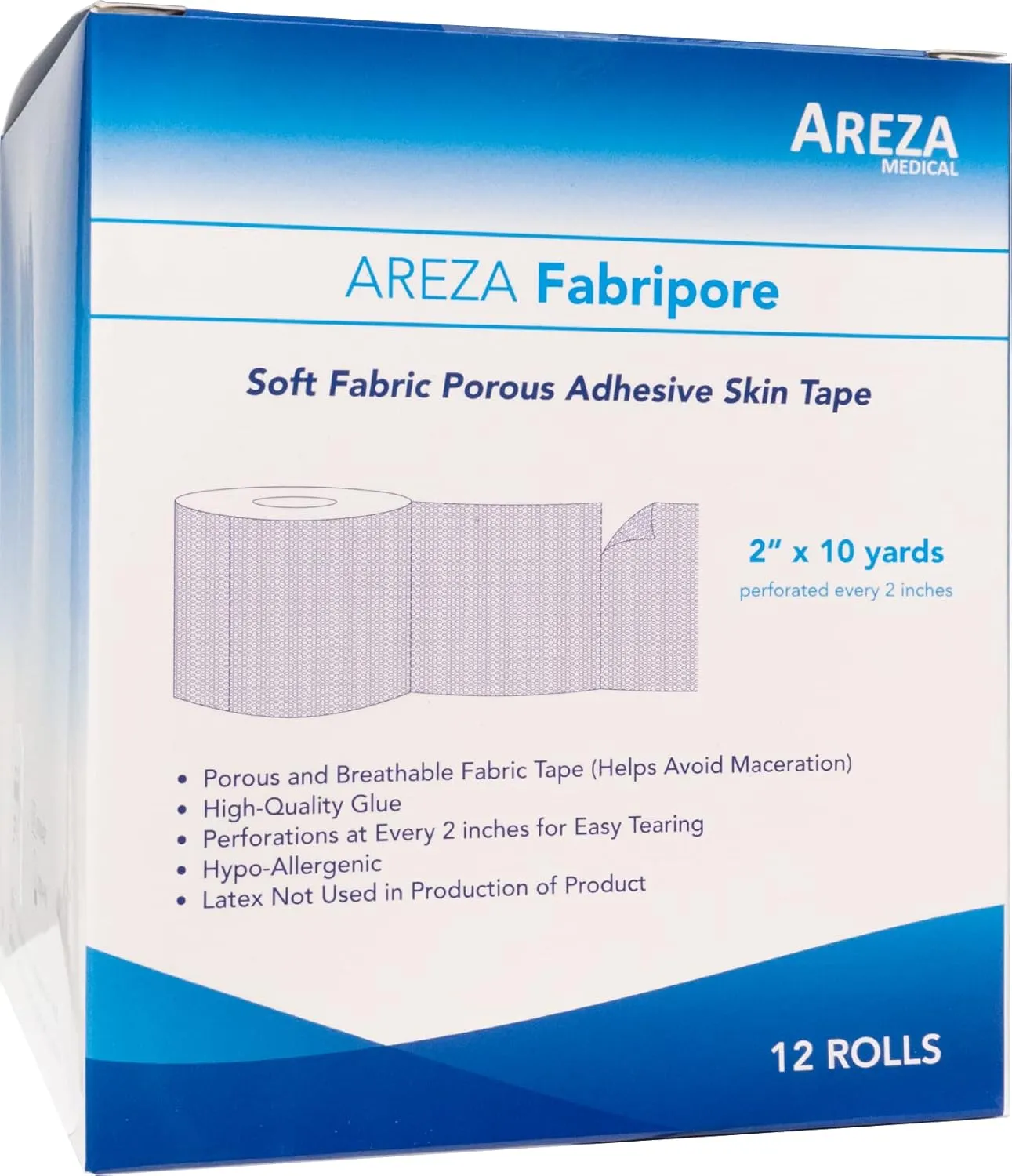 Areza Medical Surgical Tape - Porous Skin Soft Fabric Cloth Adhesive Tape - Fabripore - 2" x 10 yds. (5 cm x 9 m) - 12 Rolls per Box - FSA/HSA Approved