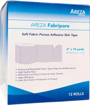 Areza Medical Surgical Tape - Porous Skin Soft Fabric Cloth Adhesive Tape - Fabripore - 2" x 10 yds. (5 cm x 9 m) - 12 Rolls per Box - FSA/HSA Approved