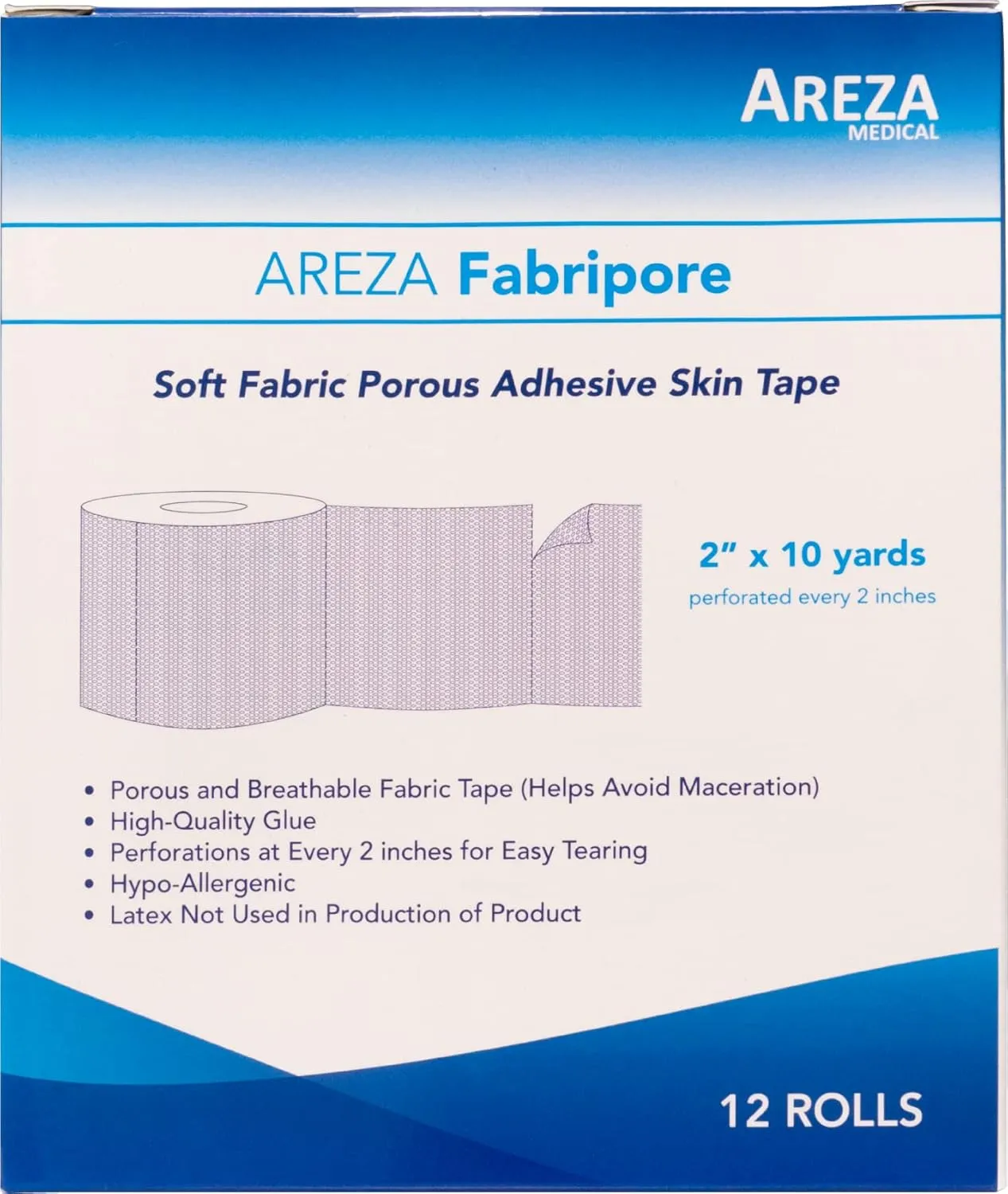 Areza Medical Surgical Tape - Porous Skin Soft Fabric Cloth Adhesive Tape - Fabripore - 2" x 10 yds. (5 cm x 9 m) - 12 Rolls per Box - FSA/HSA Approved