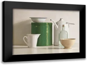 ArtDirect de Bont, Willem 24x18 Black Modern Framed Art Print Titled: Green tin box-bottle-2 jugs and 2 bowl