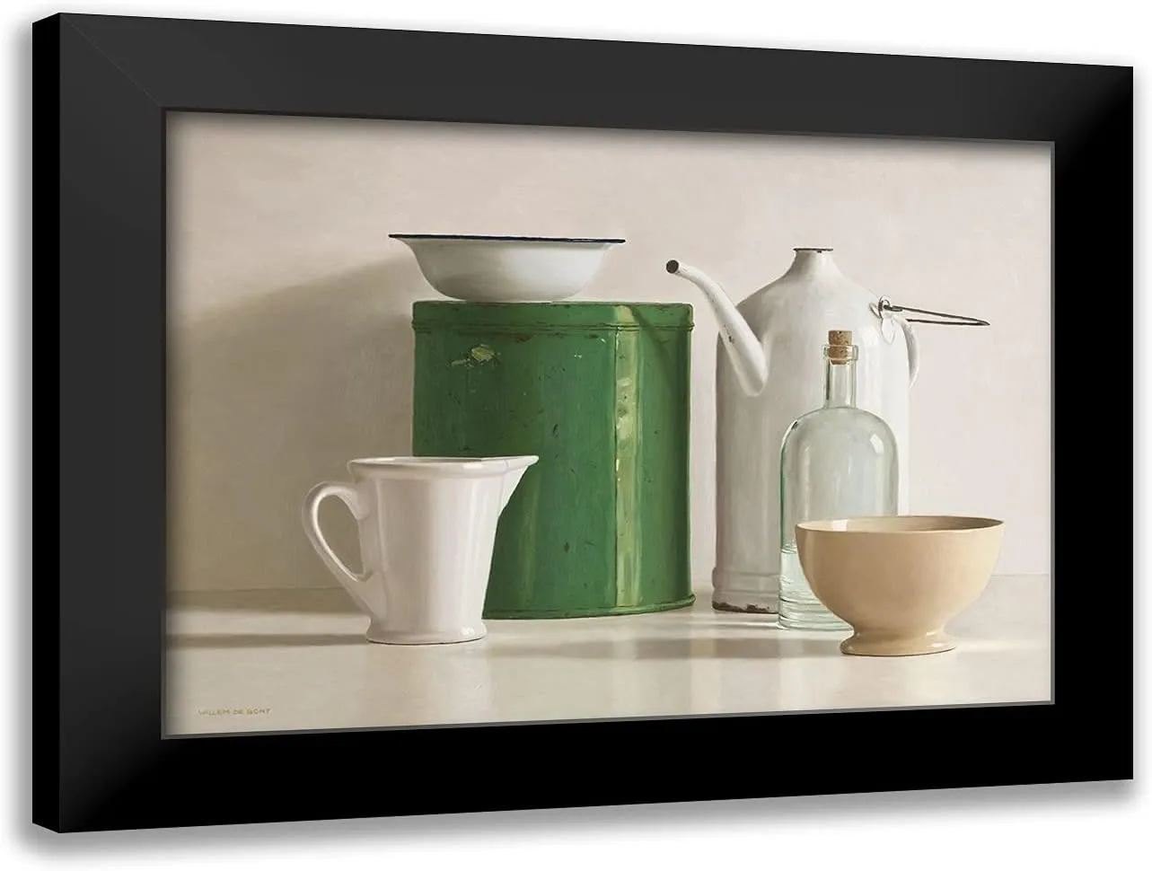 ArtDirect de Bont, Willem 24x18 Black Modern Framed Art Print Titled: Green tin box-bottle-2 jugs and 2 bowl