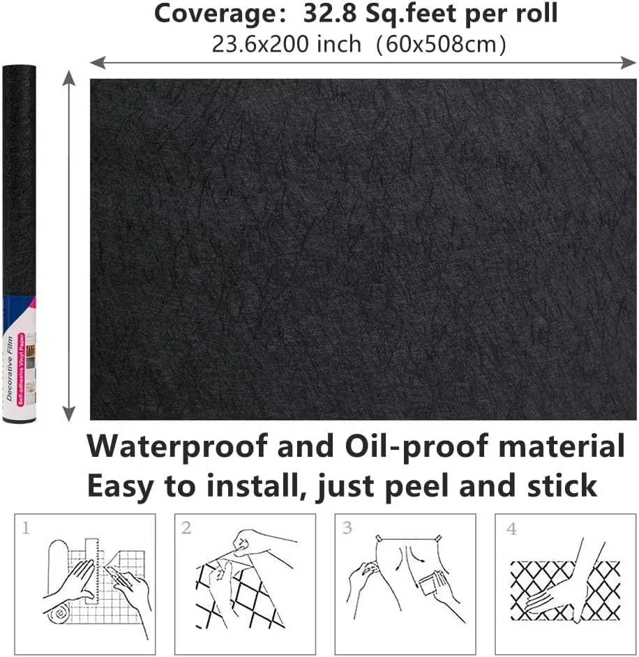 Arthome Peel and Stick Wallpaper 23.6''x200'' Black Embossed Contact Paper,Silk Textured Vinyl Decorative Sticker for Living Room,Bedroom,Countertop Cabinets,Removable Contact Paper Wall Covering