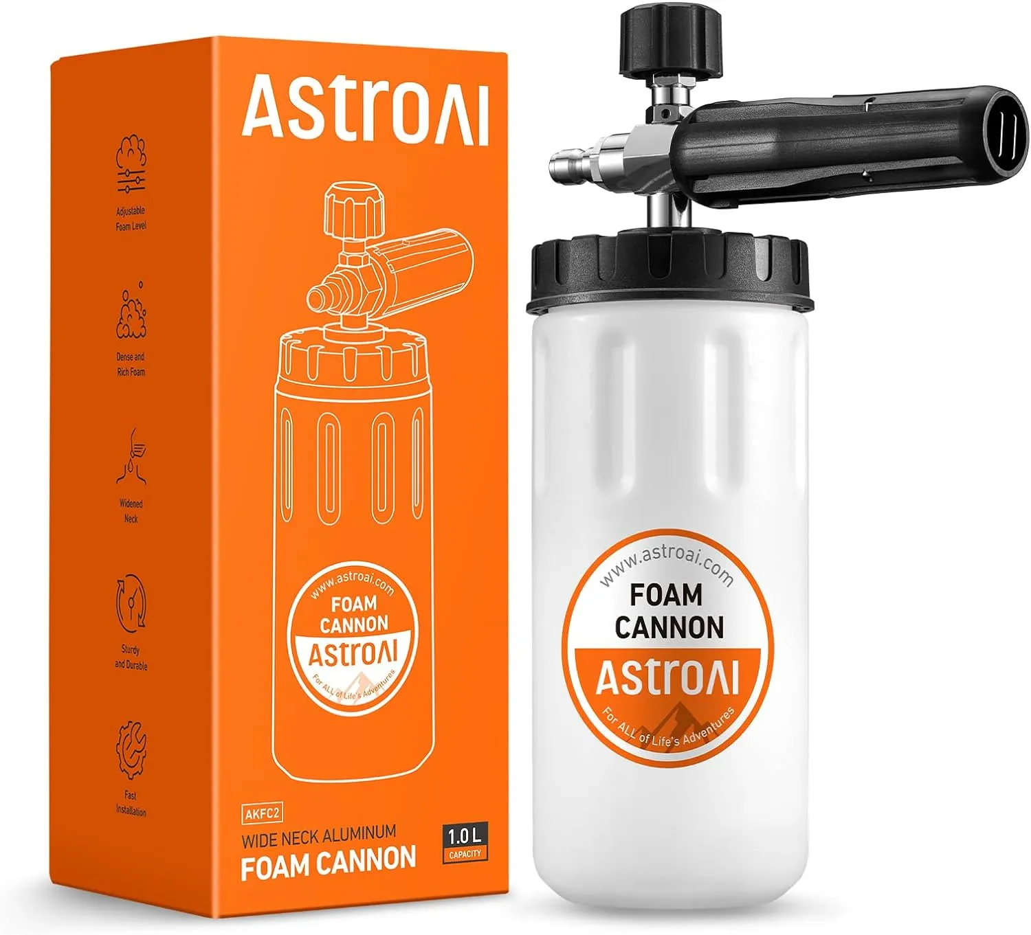AstroAI Wide Neck Foam Cannon, with 1/4 Inch Quick Connector Plug to Pressure Washer, 1.0mm Orifice,1 Liter Capacity, Orange Lable
