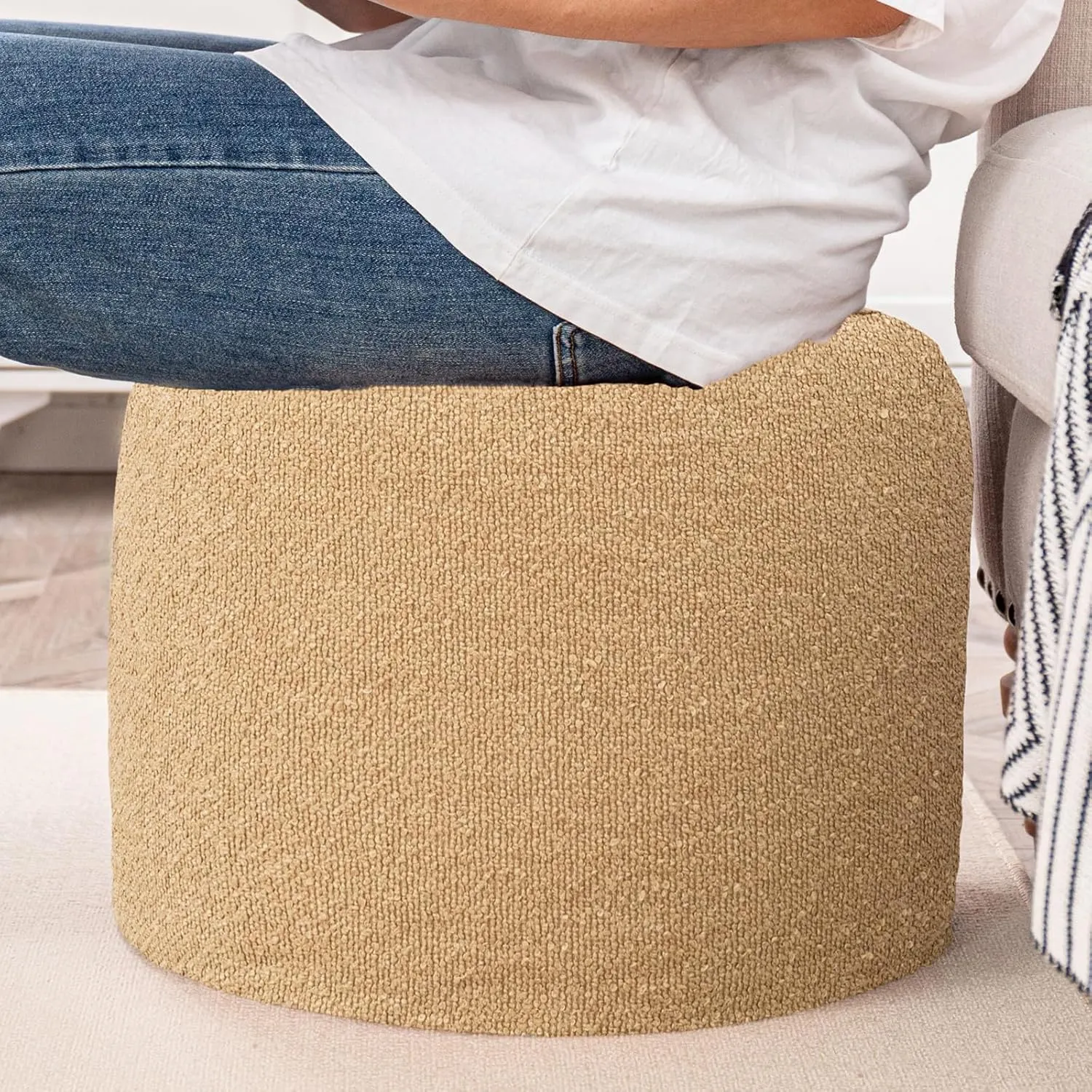 Asuprui Supportive Boucle Ottoman Foot Rest Elevate Your Living Room Decor with Lightweight Pouf Ottoman Filler and Comfort Cover Modern Foam Stuffed Poof Perfect to Rest Your Feet (Light Coffee)