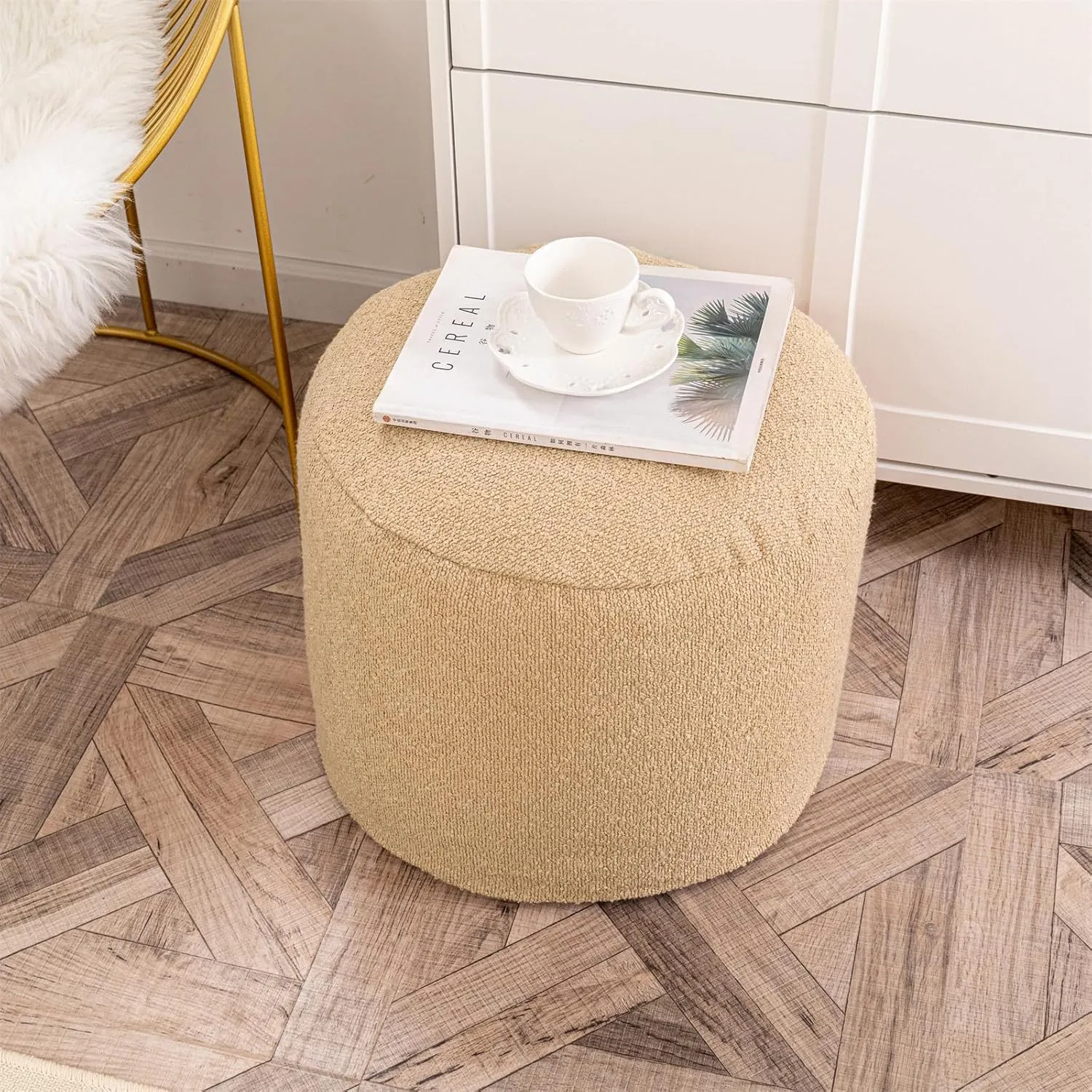 Asuprui Supportive Boucle Ottoman Foot Rest Elevate Your Living Room Decor with Lightweight Pouf Ottoman Filler and Comfort Cover Modern Foam Stuffed Poof Perfect to Rest Your Feet (Light Coffee)