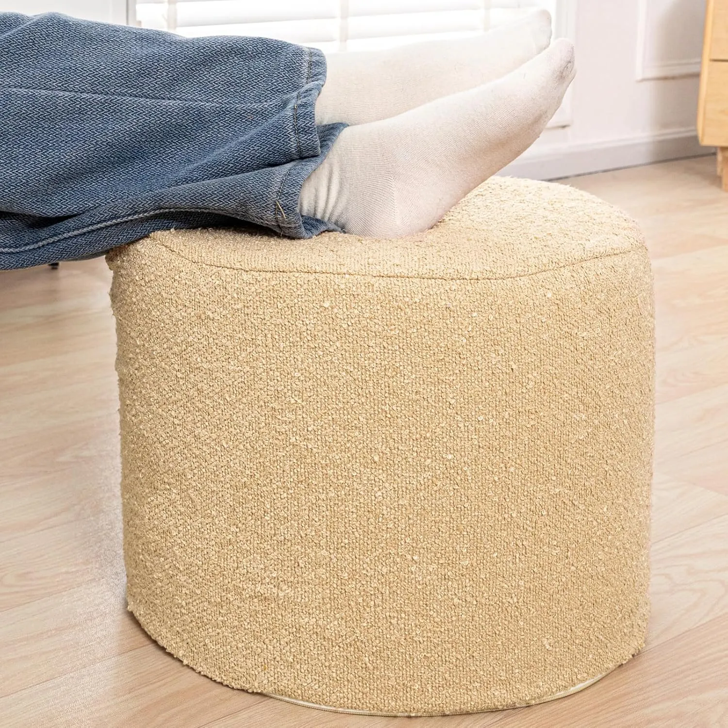Asuprui Supportive Boucle Ottoman Foot Rest Elevate Your Living Room Decor with Lightweight Pouf Ottoman Filler and Comfort Cover Modern Foam Stuffed Poof Perfect to Rest Your Feet (Light Coffee)