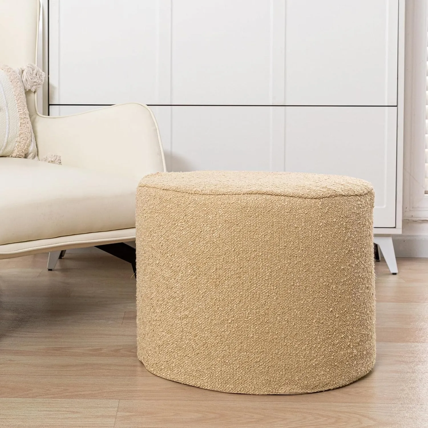 Asuprui Supportive Boucle Ottoman Foot Rest Elevate Your Living Room Decor with Lightweight Pouf Ottoman Filler and Comfort Cover Modern Foam Stuffed Poof Perfect to Rest Your Feet (Light Coffee)