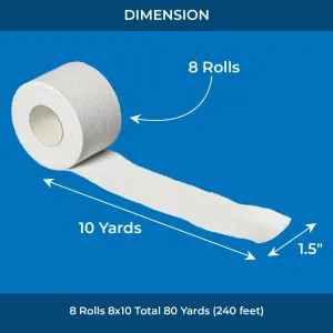 Athletic Tape – 8 Adhesive Rolls-1.5" x 10 Yards per Roll -No-Sticky Residue – White Medical Tape - Sport Tape -Skin Friendly Athletic Tape for Athletes, Coaches, Amateurs (White -80 Yards)
