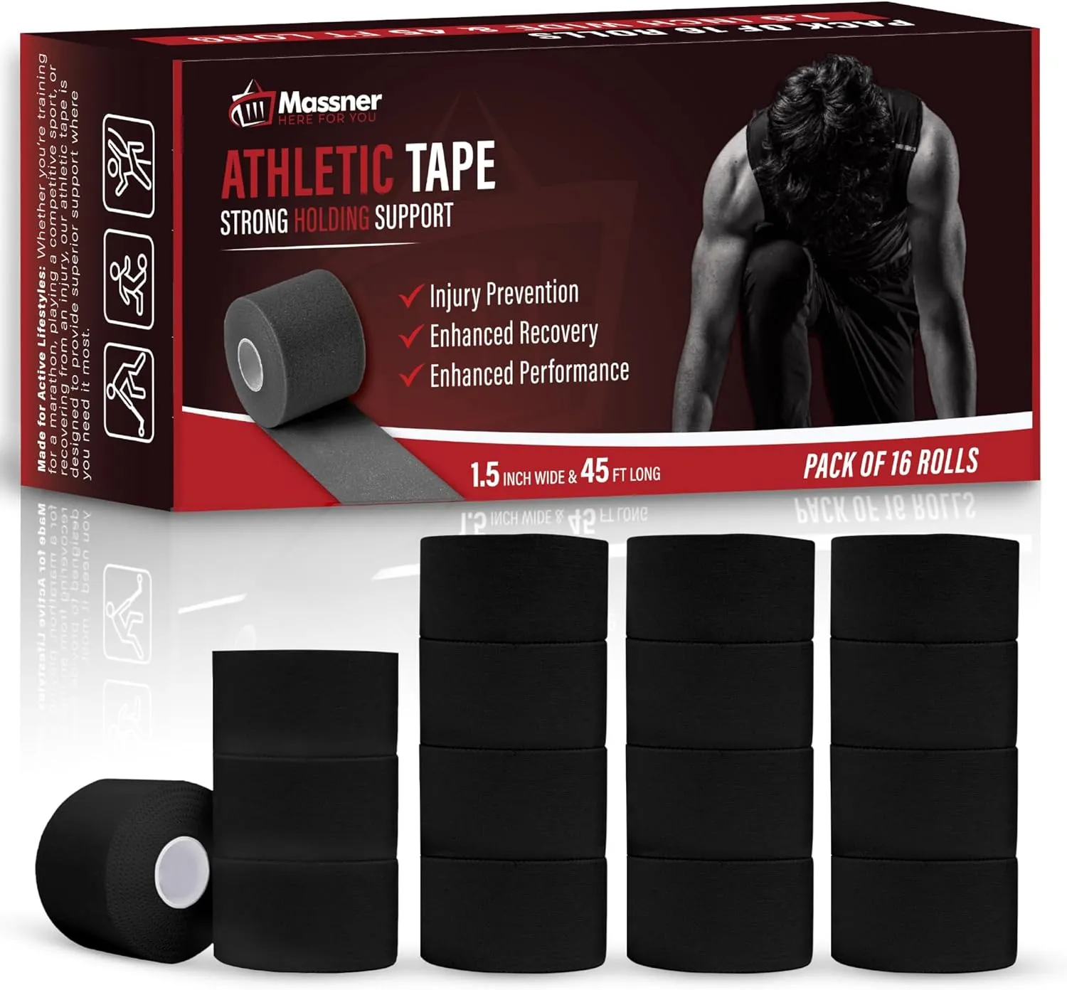 Athletic Tape–16 Black Roll Value Pack –1.5 Inch Wide x 45ft Long – Strong Adhesion, Sweat-Resistant, Easy Tear – Hypoallergenic, Latex-Free Sports Tape for Ankle, Wrist, Football & Recovery